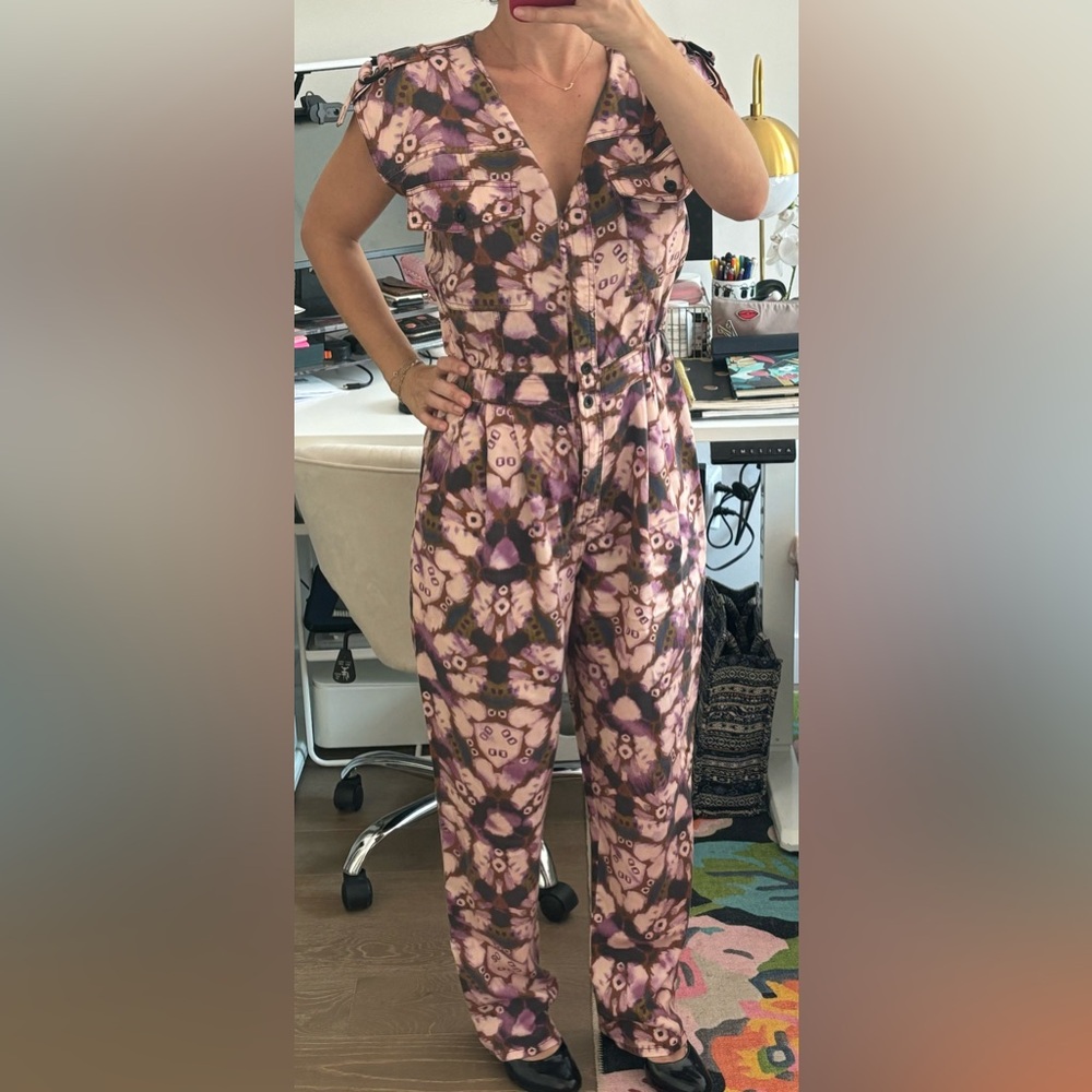 Anthropologie purple motif jumpsuit